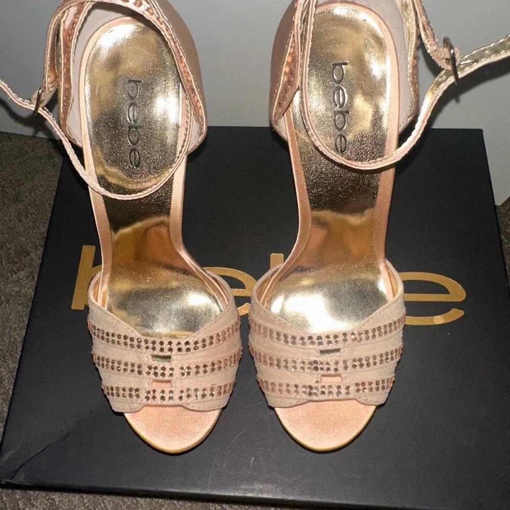 bebe Blush Pink Platform Peep-Toe Ankle Strap Heels